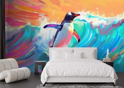 A vibrant, colorful illustration of a penguin surfing on a wave with a stunning sunset in the background. Creative and whimsical art. Wall mural