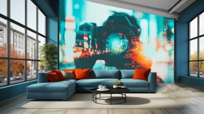 Abstract image of a photographer capturing a cityscape with vibrant colors and technological overlays, depicting creativity and innovation. Wall mural