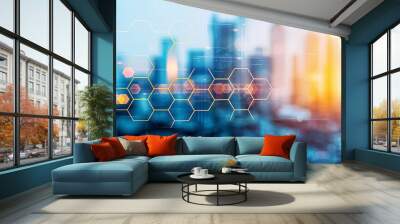 Futuristic cityscape with hexagonal abstract overlay, illustrating modern technology, innovation, and digital communication. Wall mural