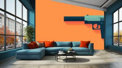 Minimalistic flat design of a gun with a silencer on an orange background, representing weapon or security concept. Wall mural