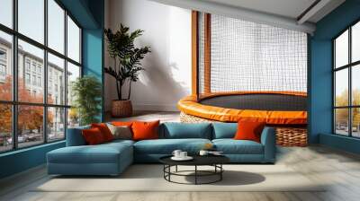 Modern indoor trampoline with orange padding in a bright, minimalist space adorned with a green plant. Wall mural