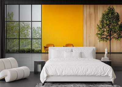 Modern interior with yellow accent wall, wooden panel, and two stylish chairs beside a decorative tree in a bright space. Wall mural