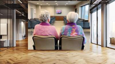 Two elderly women sitting together in a waiting room, colorful sweaters. Nursing home residential activity concept. Wall mural