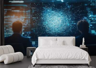 Two professionals analyze data visualization in a futuristic workspace, emphasizing technology and insight. Wall mural