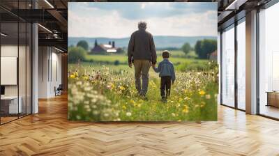 grandpa and grandson walking hand in hand in nature, view from behind Wall mural