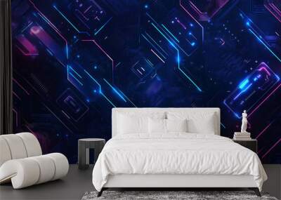  Abstract representation of a circuit board with glowing neon lines and geometric patterns against a dark background. The image evokes a high-tech, futuristic feel with ample copy space Wall mural