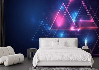 A digital vector illustration featuring abstract triangles and rhombuses in blue and neon tones. The geometric tech design has a modern feel with digital lines on a dark blue background, leaving space Wall mural