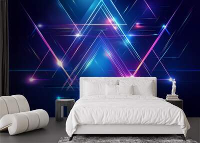 A digital vector illustration featuring abstract triangles and rhombuses in blue and neon tones. The geometric tech design has a modern feel with digital lines on a dark blue background, leaving space Wall mural