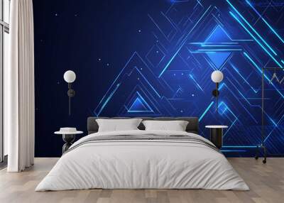 A digital vector illustration featuring abstract triangles and rhombuses in blue and neon tones. The geometric tech design has a modern feel with digital lines on a dark blue background, leaving space Wall mural