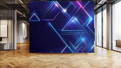 A digital vector illustration featuring abstract triangles and rhombuses in blue and neon tones. The geometric tech design has a modern feel with digital lines on a dark blue background, leaving space Wall mural