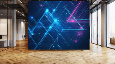 A digital vector illustration featuring abstract triangles and rhombuses in blue and neon tones. The geometric tech design has a modern feel with digital lines on a dark blue background, leaving space Wall mural