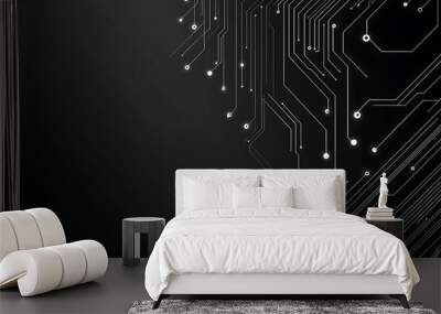 A modern abstract circuit design with silver lines and dots on a sleek dark background, ideal for technology-related templates and web design. Wall mural