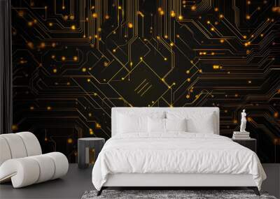 A modern abstract design featuring gold lines and dots representing network science and technology on a high-tech dark background. Ideal for templates, web design, and presentations Wall mural