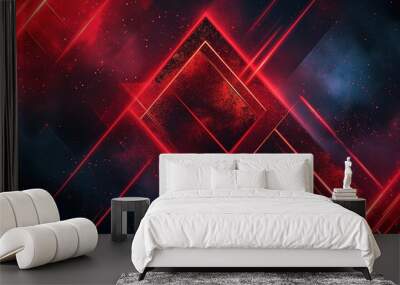 Abstract black red gaming background with modern luxury grid pattern retro vapor synthwave smoke fog, neon red light ray and triangle stripes line paper cut style Wall mural