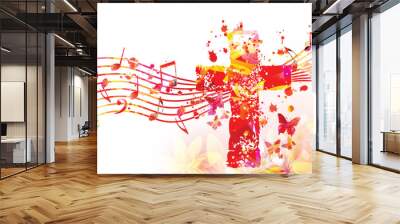 Christian cross with musical notes stave in pink and red colors. Vector illustration. Religion themed design for Christianity, church service, communion and celebrations. Church choir background	 Wall mural