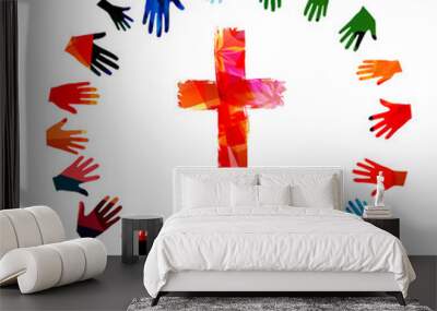 Colorful christian cross with human hands isolated vector illustration. Religion themed background. Design for Christianity, church charity, help and support, prayer and care Wall mural