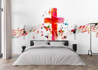 Colorful christian cross with music notes isolated vector illustration. Religion themed background. Design for gospel church music, choir singing, concert, festival, Christianity, prayer Wall mural