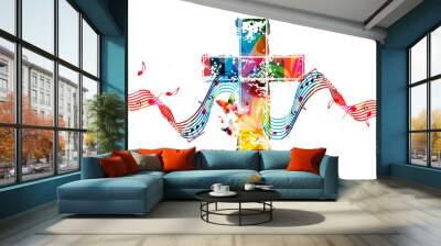 colorful christian cross with stave and music notes isolated vector illustration Wall mural