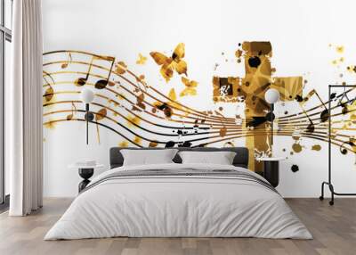 Creative music style template vector illustration, golden cross with music staff and notes background.  Wall mural