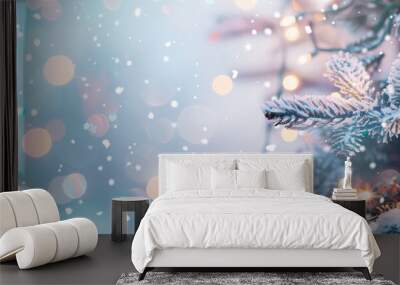 Blurred background of snow falling on the Christmas tree, pastel colors, bokeh effect, beautiful winter festive landscape, banner with copy space Wall mural