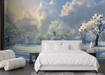 Christmas festive snow-covered landscape with trees and fog, bathed in the warm glow of the setting winter sun. enchanting scene that evokes both joyous celebration and peaceful solitude. Wall mural