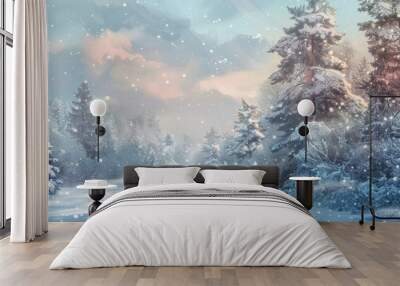 Christmas festive snow-covered landscape with trees and fog, bathed in the warm glow of the setting winter sun. enchanting scene that evokes both joyous celebration and peaceful solitude. Wall mural