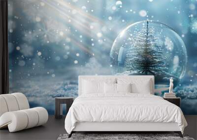 Glass Christmas festive tree inside an empty transparent snow ball on a blue background with snowflakes and rays of light, a banner for a New Year's Eve celebration. Wall mural