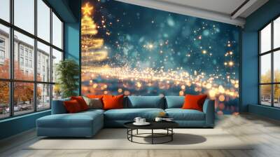 Glowing, golden Christmas tree made of glitter on a blue festive background with copy space, bokeh lights. Banner website celebration Wall mural