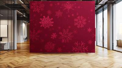 Red festive background with a pattern of snowflakes in shades of dark pink and burgundy, perfect for creating an elegant winter-themed design or festive Christmas banner. Wall mural