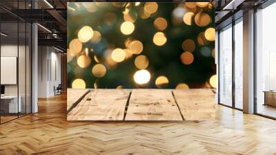 Wooden table top with a blurred festive background of a Christmas tree and bokeh light decorations, suitable for product display e-commerce website banner design template concept Wall mural