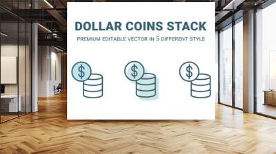 dollar coins stack icon in 5 different style. Outline, filled, two color, thin dollar coins stack icon isolated on white background. Editable vector can be used web and mobile Wall mural