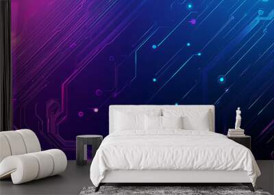 Futuristic vector illustration of an abstract circuit board with neon blue and purple gradients, showcasing intricate digital patterns and tech elements Wall mural