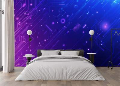 Futuristic vector illustration of an abstract circuit board with neon blue and purple gradients, showcasing intricate digital patterns and tech elements Wall mural