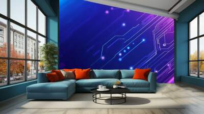 Futuristic vector illustration of an abstract circuit board with neon blue and purple gradients, showcasing intricate digital patterns and tech elements Wall mural