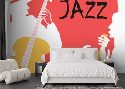 Jazz music festival poster with trumpet and contrabass flat vector illustration. Music background with music instruments, music festival poster, live concert events, party flyer Wall mural