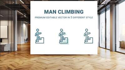 man climbing icon in 5 different style. Outline, filled, two color, thin man climbing icon isolated on white background. Editable vector can be used web and mobile Wall mural