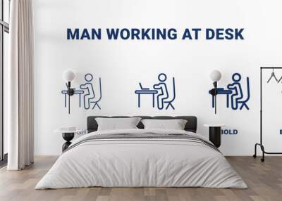 man working at desk icon. Thin, light, regular, bold, black man working at desk icon set from behavior and action collection. Editable man working at desk symbol can be used web and mobile Wall mural