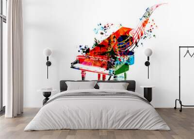 Music promotional poster with multicolored piano and musical notes isolated vector illustration. Colorful musical background with piano for live concert events, music festivals and shows, party flyer Wall mural