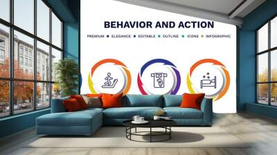 set of behavior and action thin line icons. behavior and action outline icons with infographic template. linear icons such as climbing stairs, man on treadmill, man sleeping, making the bed, man Wall mural