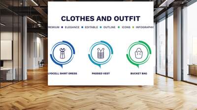 set of clothes and outfit thin line icons. clothes and outfit outline icons with infographic template. linear icons such as long sleeveless dress, lyocell shirt dress, padded vest, bucket bag, harem Wall mural