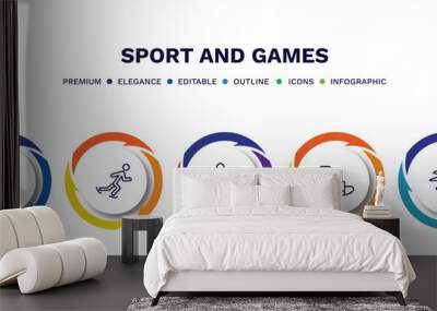 set of sport and games thin line icons. sport and games outline icons with infographic template. linear icons such as man sprinting, ice skating man, taekwondo, sprained ankle, home run vector. Wall mural