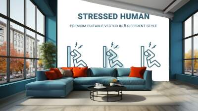 stressed human icon in 5 different style. Outline, filled, two color, thin stressed human icon isolated on white background. Editable vector can be used web and mobile Wall mural