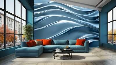 A 3D render featuring metal wavy stripes against a blue background, creating an abstract texture that captures movement and depth in a futuristic style. Wall mural