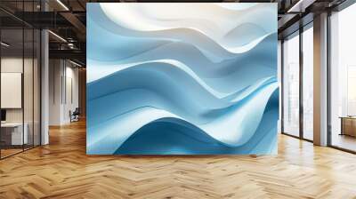 A futuristic blue wallpaper design features dynamic white waves and soft, curving lines, creating a sleek and artistic illustration of flowing, abstract shapes Wall mural