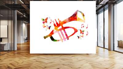 Trumpet with musical notes isolated for live concert events, jazz music festivals and shows, party flyer. Musical promotional poster with musical instrument colorful vector illustration Wall mural