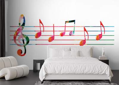 Vibrant music background with colorful musical notes and G-clef isolated. Vector illustration. Artistic music festival poster design, live concert events, party flyer, music notes signs and symbols Wall mural