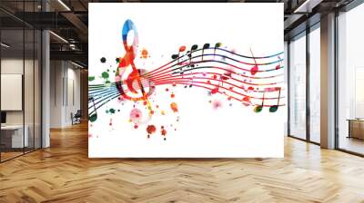 Vibrant music background with colorful musical notes and G-clef isolated. Vector illustration. Artistic music festival poster design, live concert events, party flyer, music notes signs and symbols Wall mural