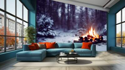 Campfire in the winter forest. Beautiful landscape of nature and trees. Sparks and flames. Rest by the fire. Camping in the woods. Burning firewood. Evening bonfire. Rain and snow in the forest.   Wall mural