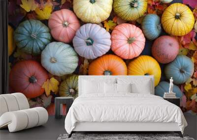 A colorful collection of various pumpkin types paired with autumn leaves Wall mural