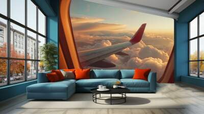 An aircraft s window showcasing a wing and cloudy sky Wall mural